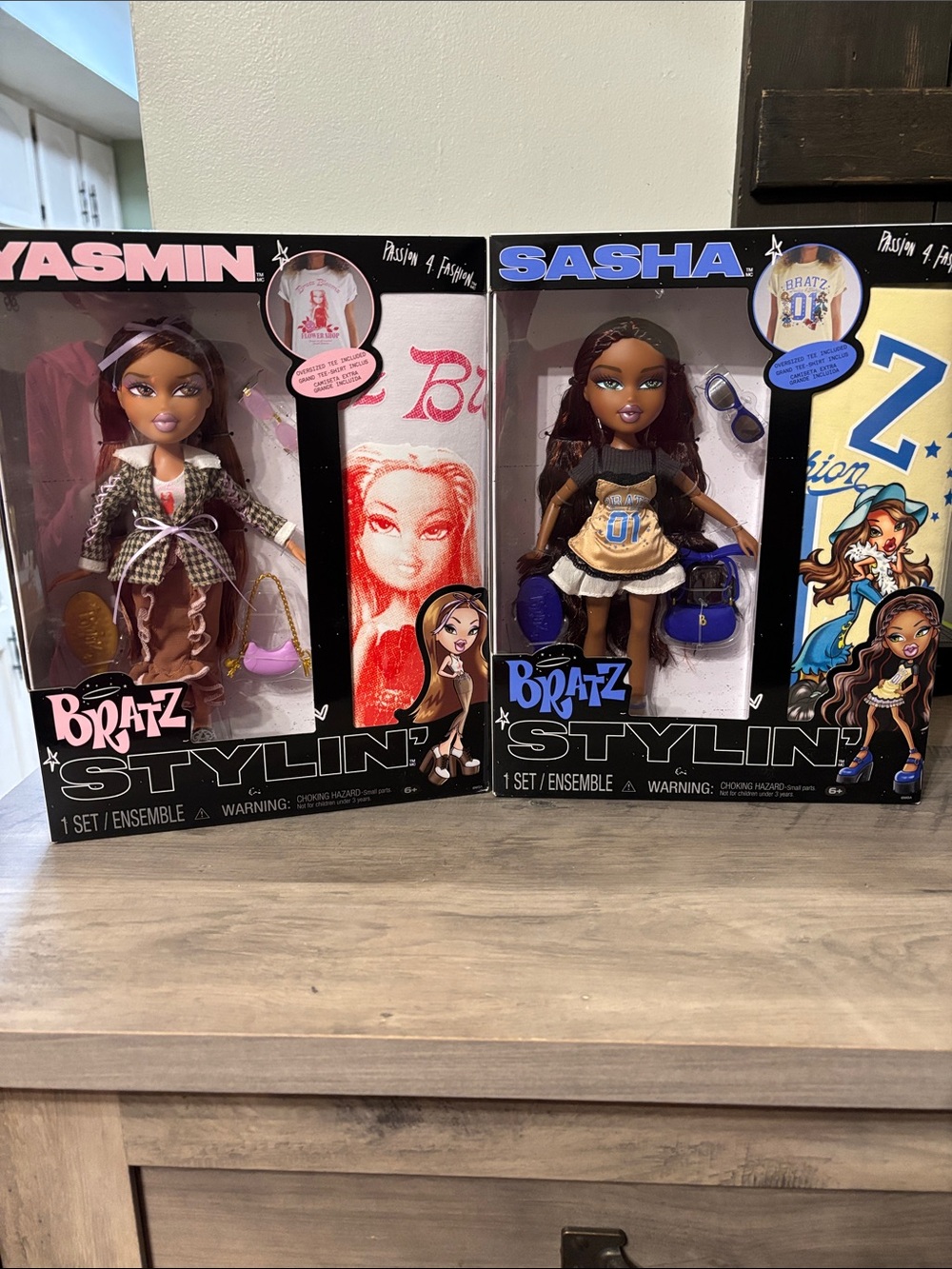 NIB MGA BRATZ Stylin' Sasha AND Yasmin Fashion Dolls EACH with BONUS Tee Shirt